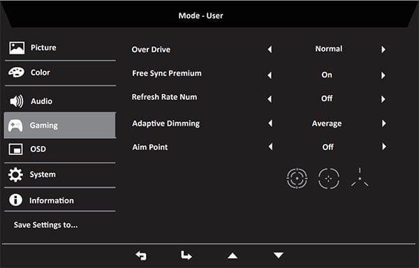 Acer Nitro XV275U P3 OSD Menu