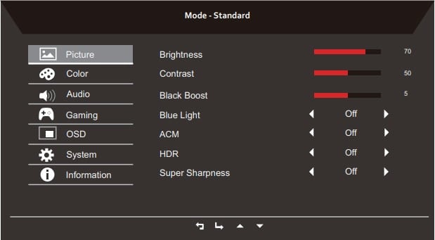acer nitro xv340ck osd menu layout