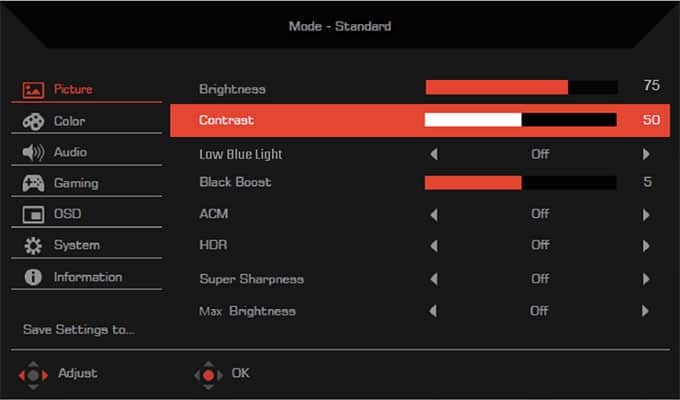 Acer Predator X32 FP Monitor OSD Menu