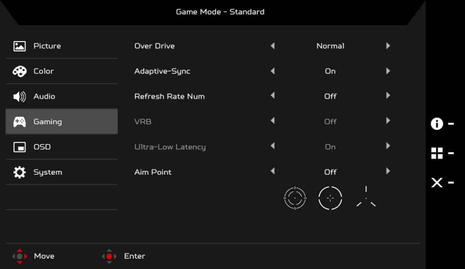 acer xb253qgp monitor osd menu layout