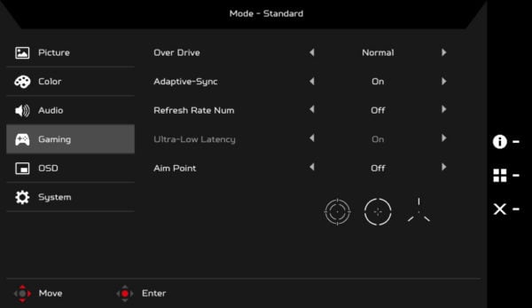 Acer XB323UGP On Screen Display Menu Layout
