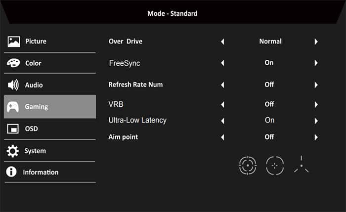 Acer XFA243YS Monitor OSD Menu