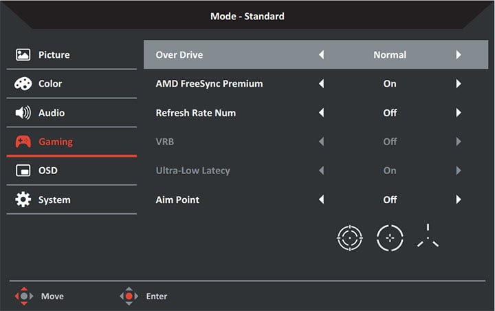 Acer XR343CKP OSD Menu
