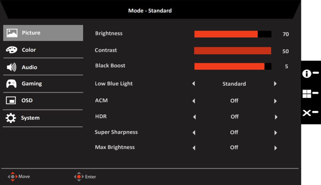 Acer XV271UM3bmiiprx Monitor OSD Menu