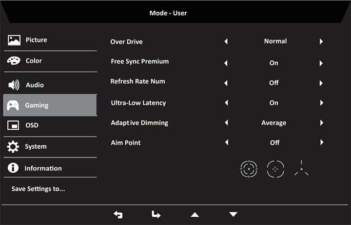 Acer XV275KP3 OSD Menu