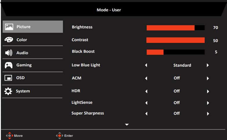 Acer XV282KKV OSD Menu Layout