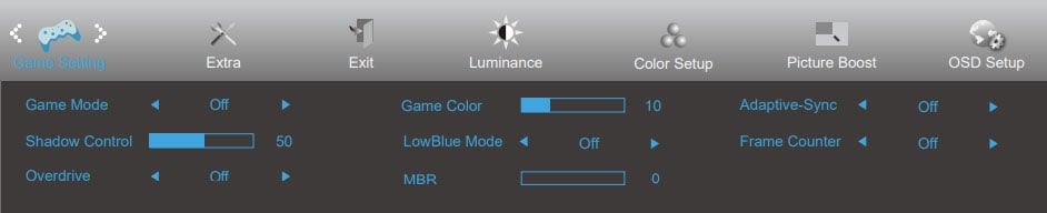 AOC G2490VX On screen Display Menu Layout