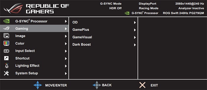 ASUS PG279QM OSD Menu Layout