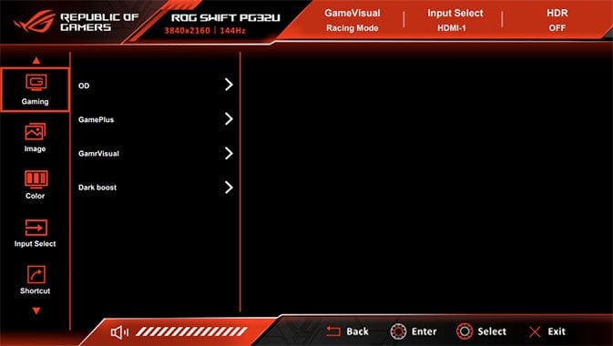 ASUS PG32UQX OSD Menu Layout