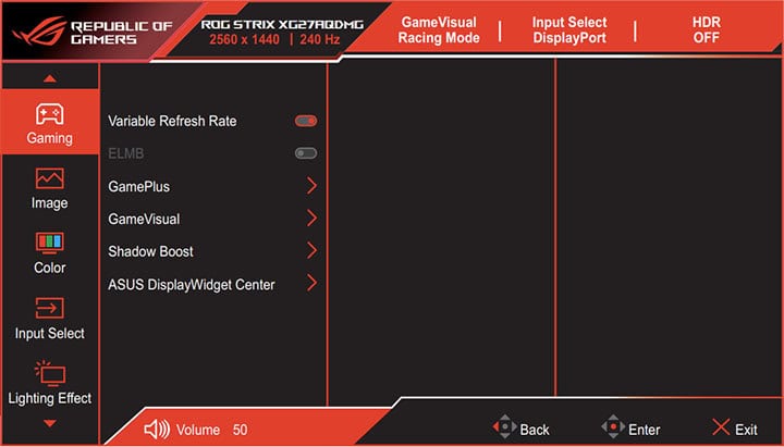 ASUS ROG Strix XG27AQDMG Review OSD Menu