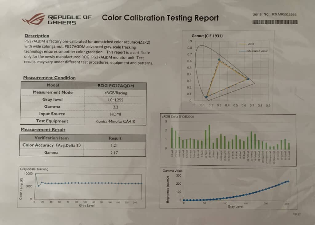 ASUS ROG Swift OLED PG27AQDM Calibration Report