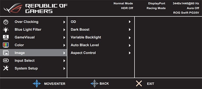 ASUS ROG Swift PG35VQ OSD Menu