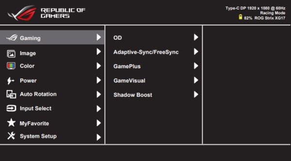 asus xg17ahp osd menu layout