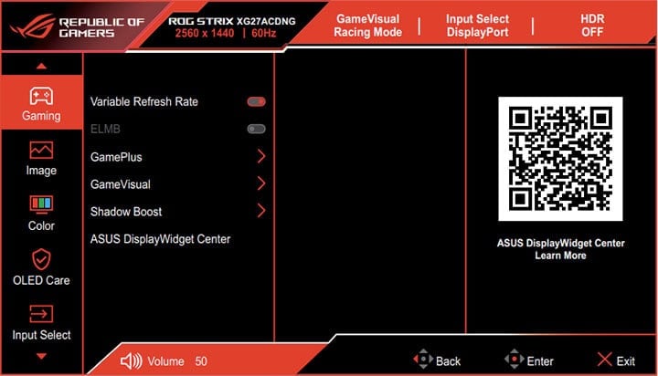 ASUS XG27ACDNG OSD Menu