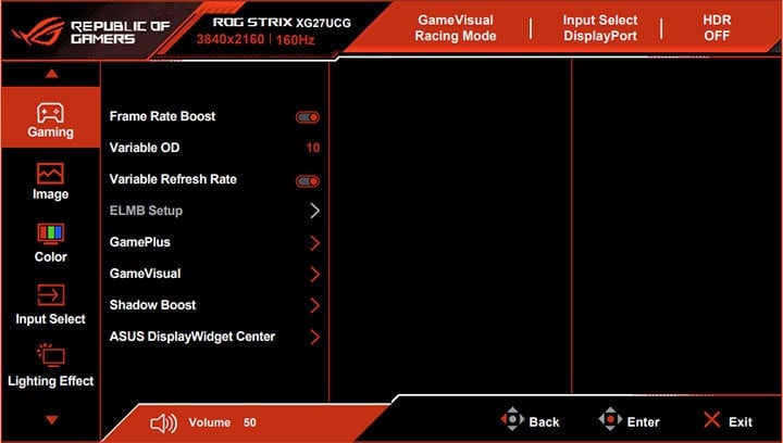 ASUS XG27UCG OSD Menu