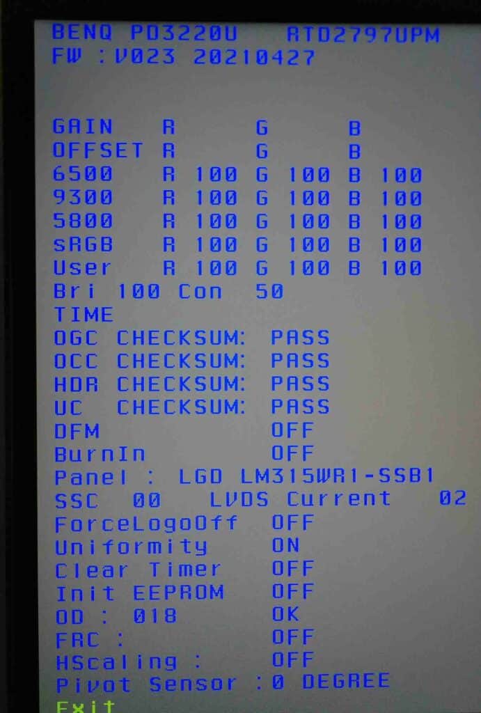 BenQ PD3220U Service Menu