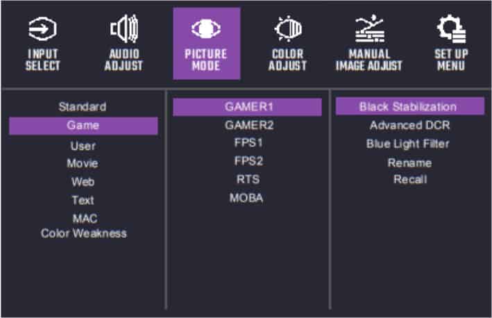 Cooler Master GM34 CWQ OSD Menu