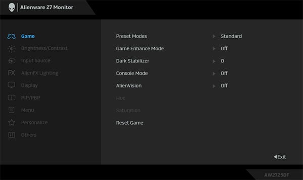 Dell Alienware AW2725DF OSD Menu