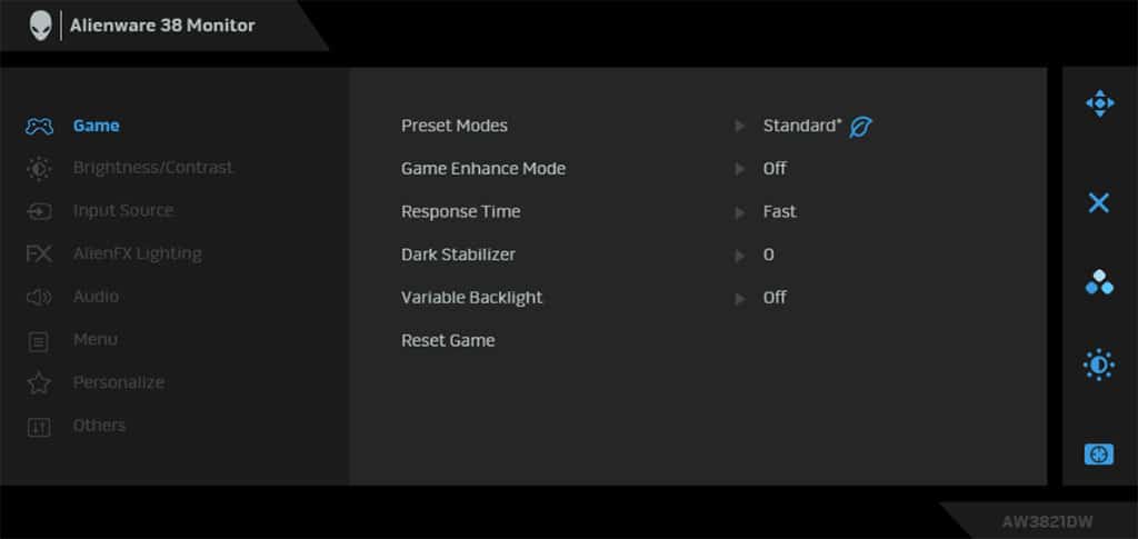 Dell Alienware AW3821DW OSD Menu Layout