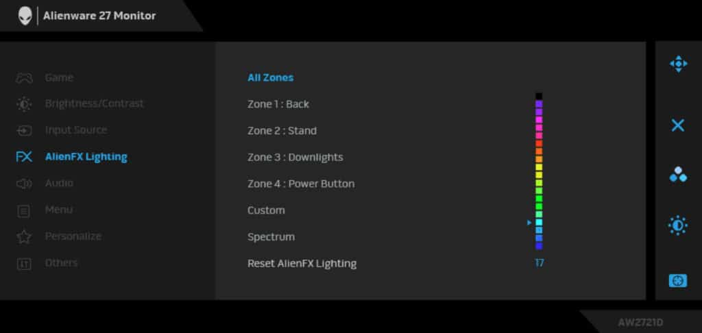 Dell AW2721D On Screen Display Menu Layout