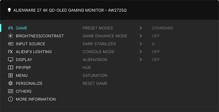 Dell AW2725Q OSD Menu