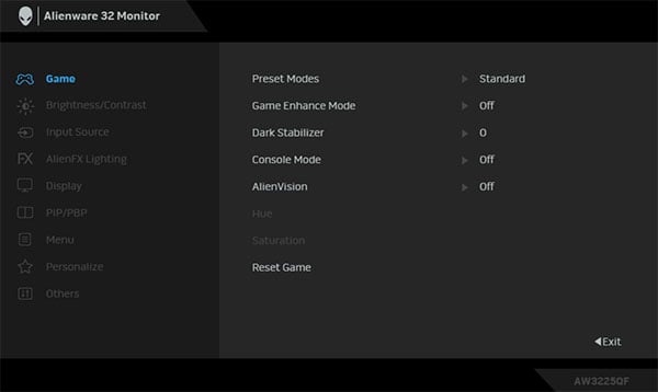 Dell AW3225QF OSD Menu