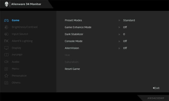 Dell AW3423DWF OSD Menu