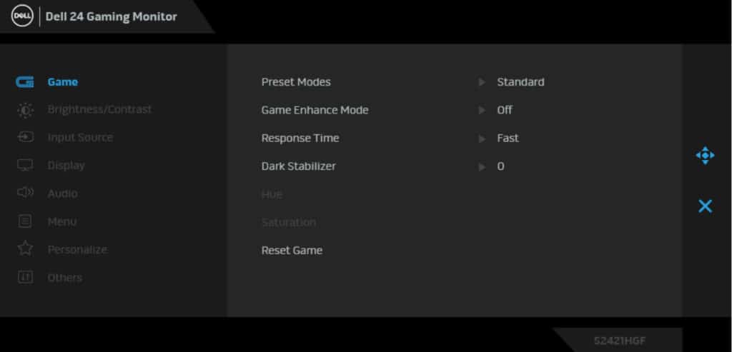 Dell S2421HGF On Screen Display Menu