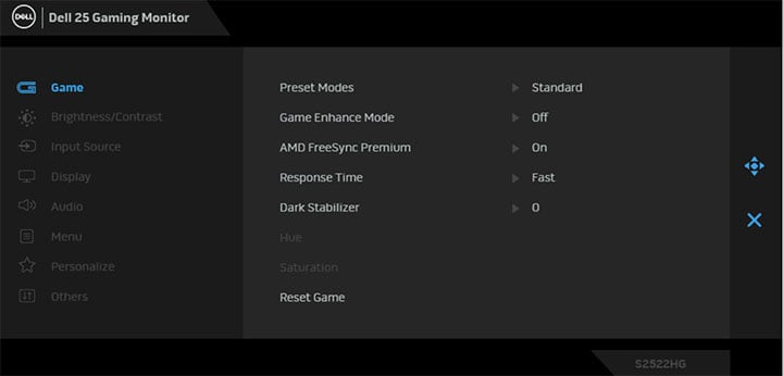 Dell S2522HG OSD Menu