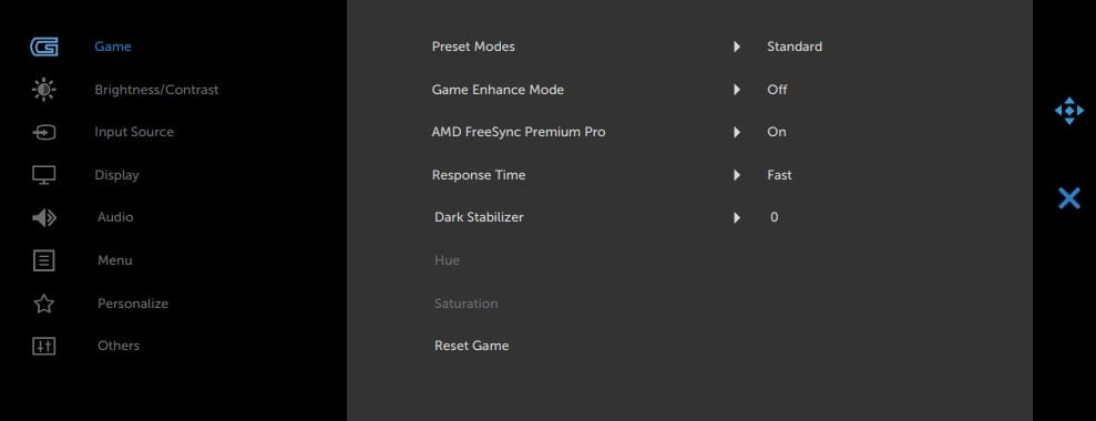Dell S2721DGF Monitor On Screen Display Menu