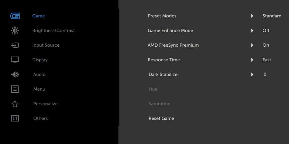 Dell S2721HGF Monitor OSD Menu Layout