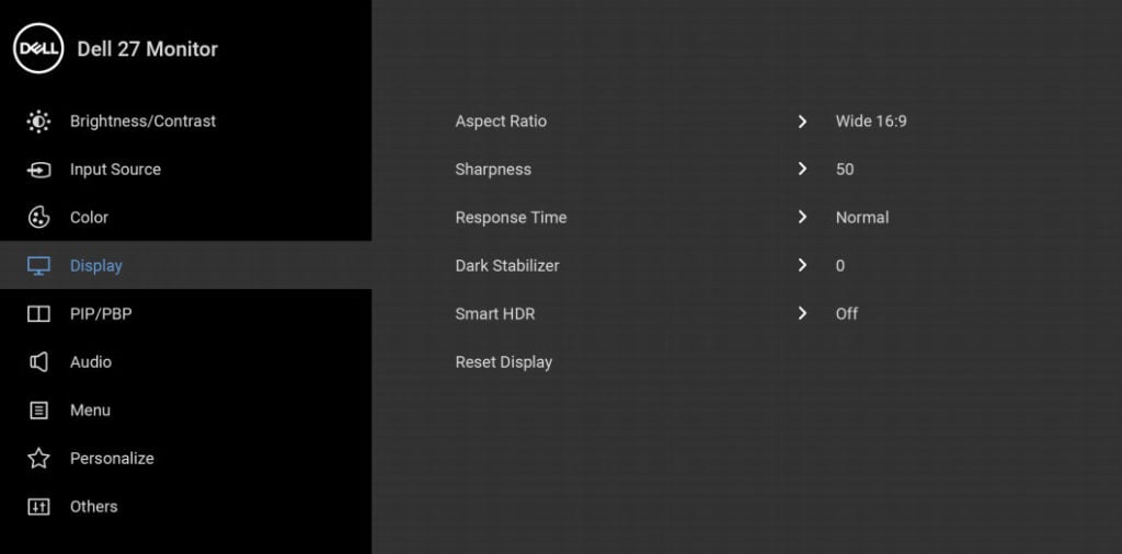 dell s2721qs osd menu layout