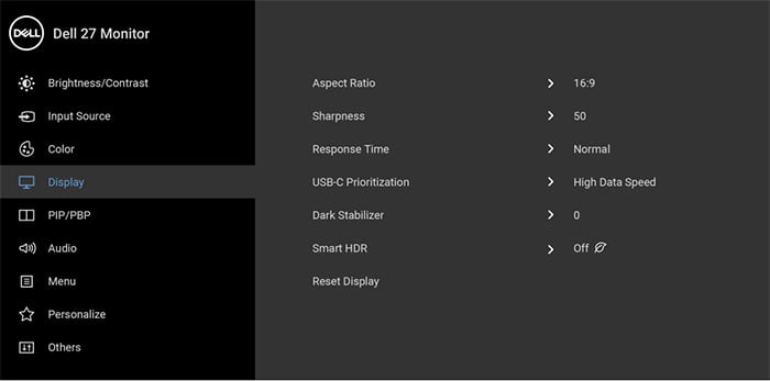 Dell S2722QC Monitor OSD Menu