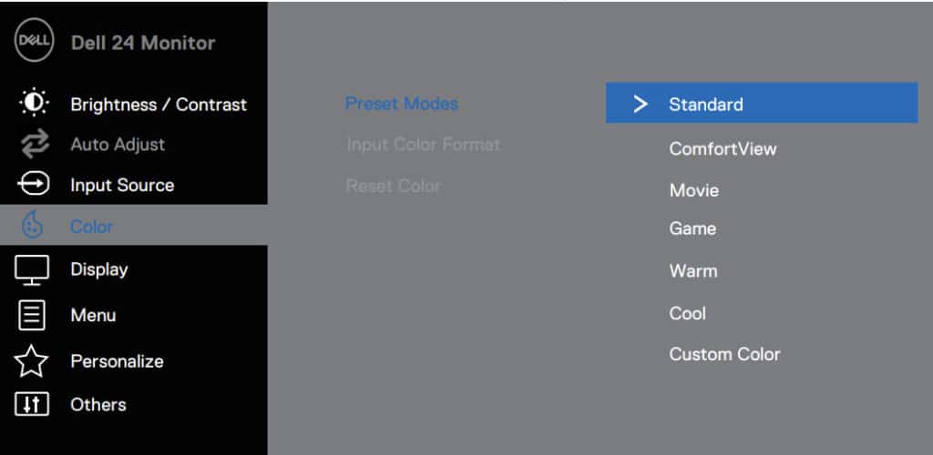 Dell SE2419HX Monitor OSD Menu Layout