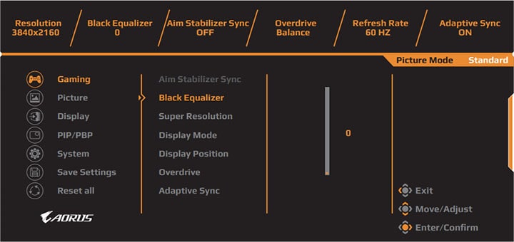 Gigabyte Aorus FV43U Monitor OSD Menu