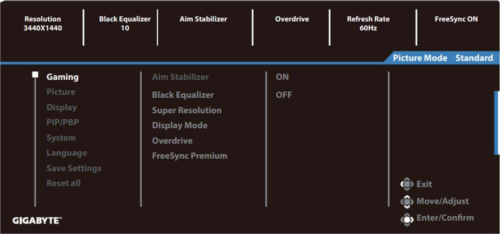 Gigabyte G34WQC On Screen Display Menu Layout