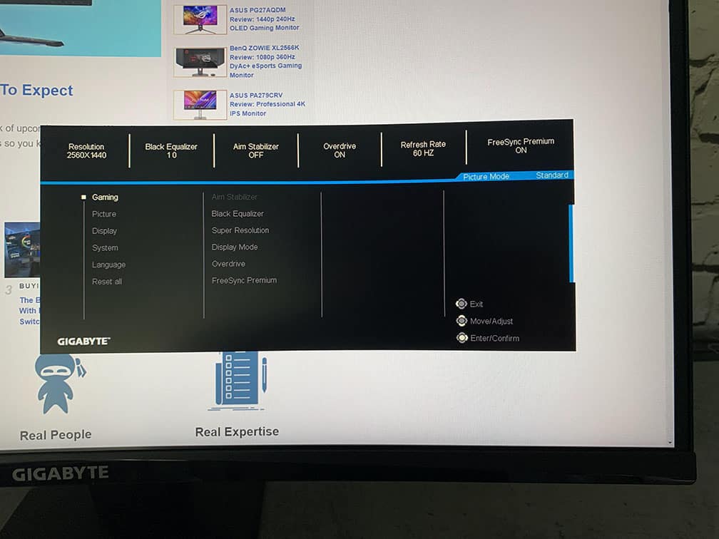Gigabyte GS27QC OSD Menu Layout