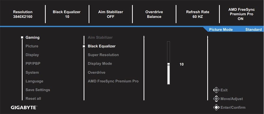 Gigabyte M28U OSD Menu Layout