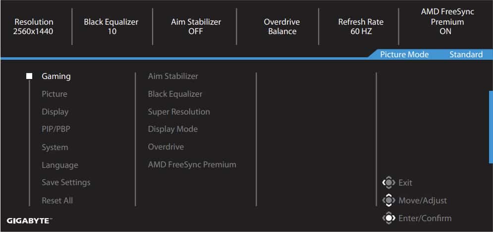Gigabyte M32Q Monitor OSD Menu Layout