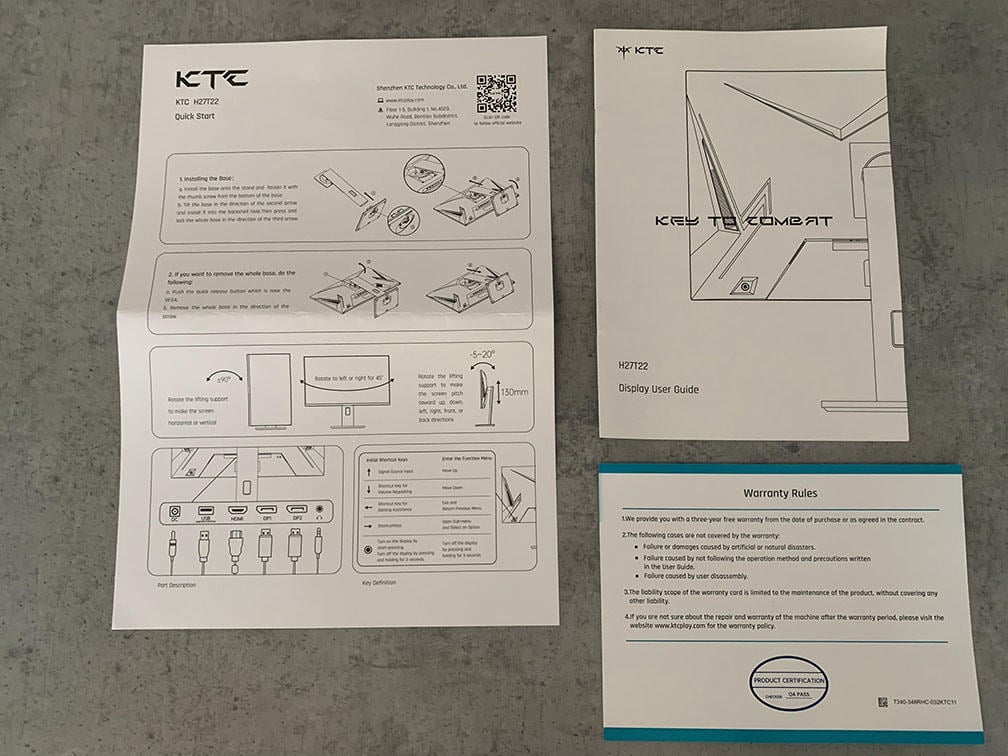 KTC H27T22 Warranty card and quick start guide