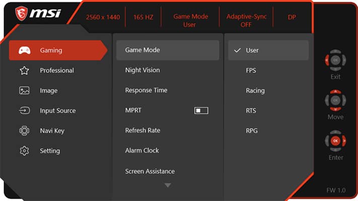 MSI G273QF Monitor OSD Menu