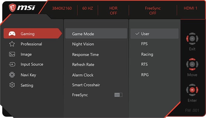 MSI G281UV OSD menu