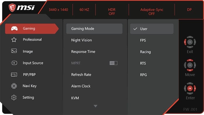 MSI MAG401QR OSD Menu