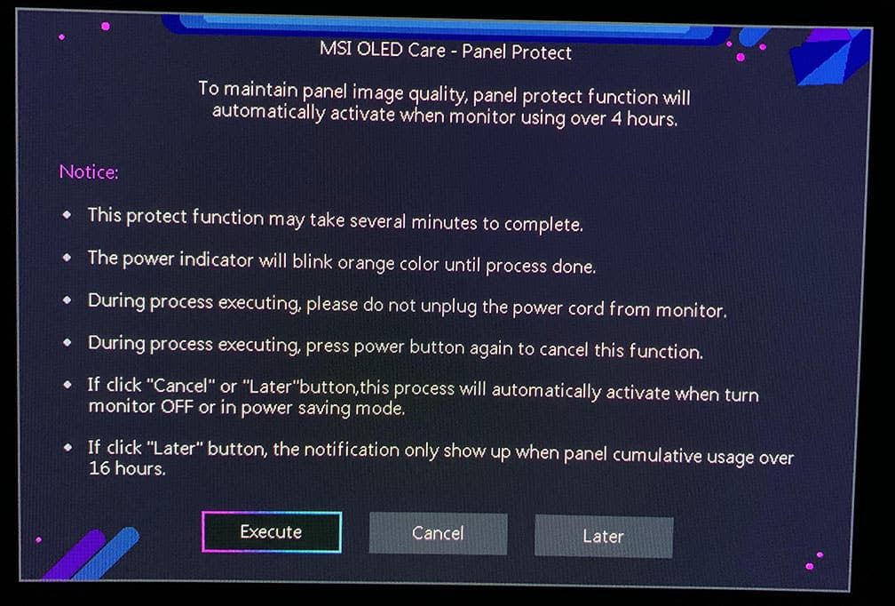 MSI MPG 341CQPX Panel Protect Feature