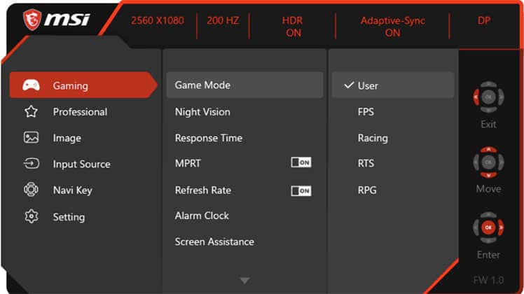 MSI Optix MAG301RF OSD Menu