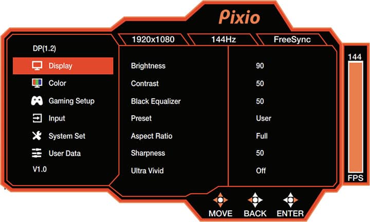 Pixio PX248 Prime OSD Menu
