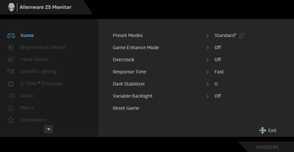 Dell AW2524H OSD Menu