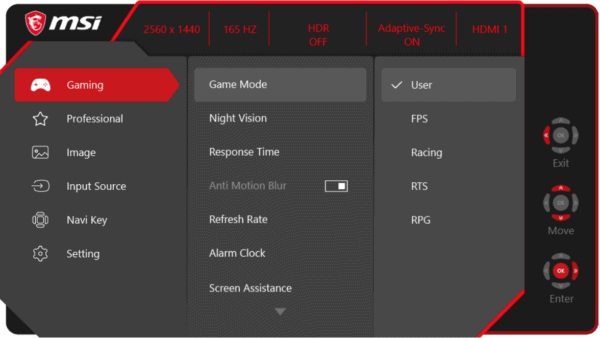 MSI Optix MAG274QRF QD Monitor OSD Menu